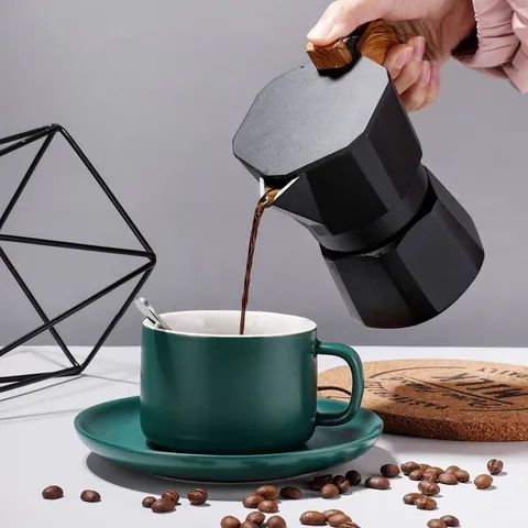 Ιταλικού Στυλ Espresso Moka Pot Διπλής Βαλβίδας Καφετιέρα με Λαβή με Νερά Ξύλου Κλασική Οκτάγωνη Παρασκευή Καφέ