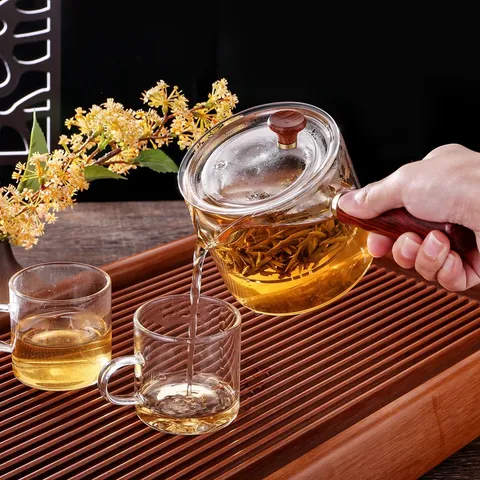 Théière en Verre Borosilicaté Résistant à la Chaleur Avec Poignée en Bois Poignée Latérale Infuseur Transparent Pour Thé en Vrac