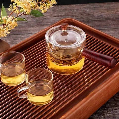 Théière en Verre Borosilicaté Résistant à la Chaleur Avec Poignée en Bois Poignée Latérale Infuseur Transparent Pour Thé en Vrac