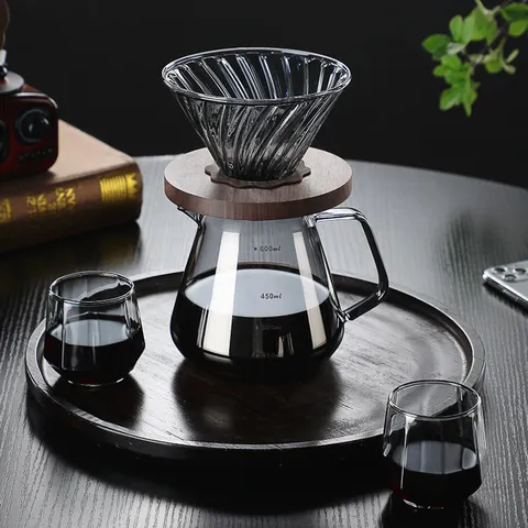 High Borosilicate Heat Resistant Glass Manual Pour Over Coffee Maker Coffee Pot With Wood Tray Filter Funnel Kitchen Coffeeware
