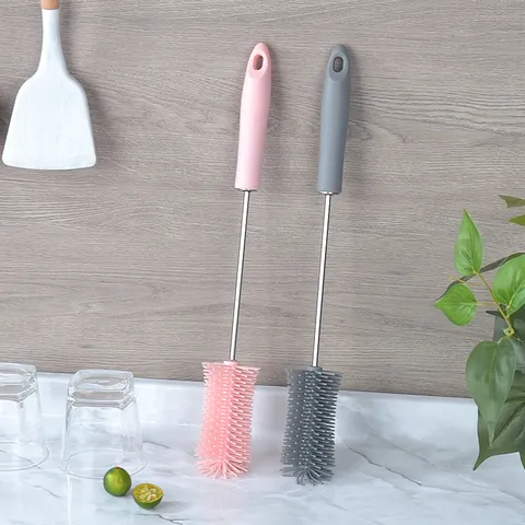 Semi Automatic Stainless Steel Press Cup Brush Rotating Cleaning Brush Silicone Bottle Glass Cleaning Brush Kitchen Tool