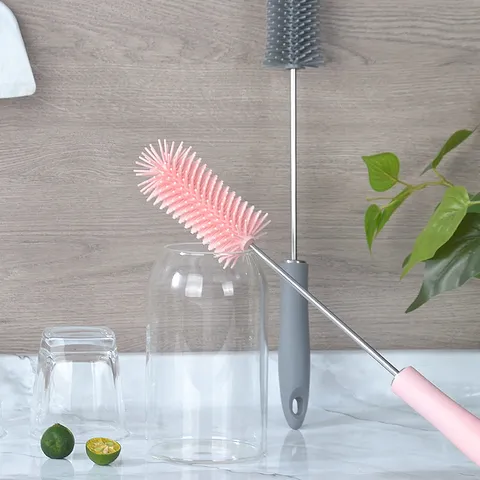 Semi Automatic Stainless Steel Press Cup Brush Rotating Cleaning Brush Silicone Bottle Glass Cleaning Brush Kitchen Tool