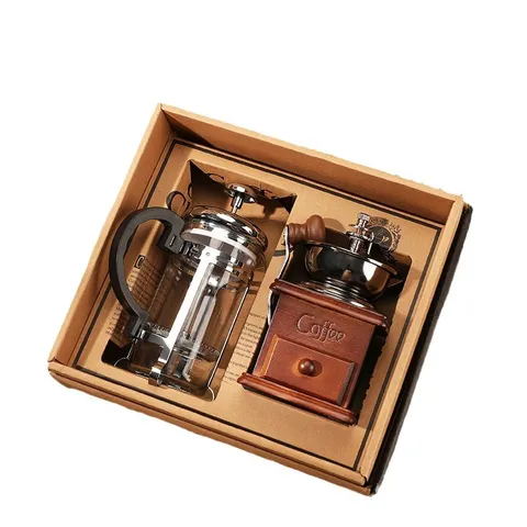 Vintage Handmatige Koffiemolen En French Press Cadeauset Retro Houten Bonenmolen Hittebestendig Glas Koffiezetapparaat Set