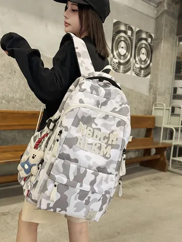 Camouflage Contrast Color Large Capacity Multi-Pocket Backpack Lightweight Pressure Relief School Bag For Teenager Students Women