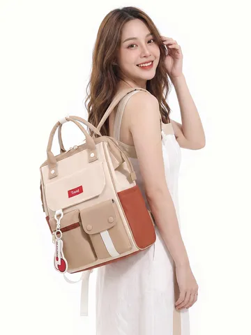 Large Capacity Color Contrast Backpack Multi Functional Mummy Bag Waterproof Nylon Schoolbag For Students Women Casual Travel Daypack