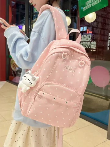Sac à Dos en Nylon à Pois Style Preppy Grande Capacité Cartable pour Étudiants Femmes Couleur Contrastée Cousu Décontracté Voyage