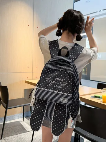 Sac à Dos Grande Capacité Style Harajuku Japonais Oreilles de Lapin Rayé Étoile pour École Adolescentes Sac d'Écolier en Nylon Cousu