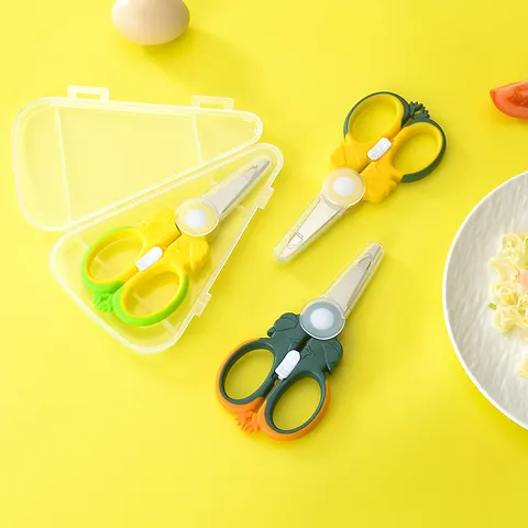 Stainless Steel Baby Food Scissors With Safety Lock Portable Storage Box Cartoon Handle Kitchen Cutting Tool