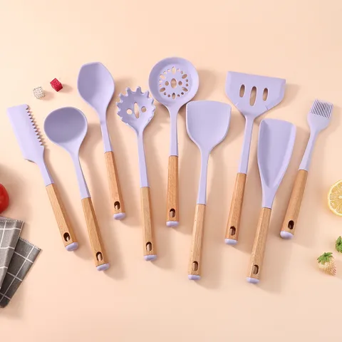 Ensemble d'Ustensiles de Cuisine en Silicone Antiadhésif Spatule Cuillère à Soupe Pinceau à Huile Outils de Cuisson Résistants à la Chaleur