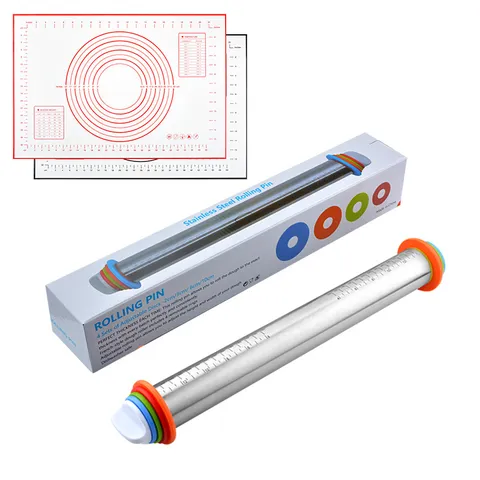 Edelstahl Verstellbarer Teigroller Und Silikon Knetmatte Set Mit Dickenringen Backen