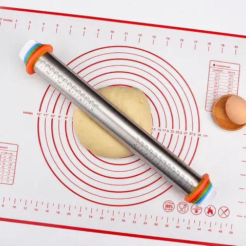 Edelstahl Verstellbarer Teigroller Und Silikon Knetmatte Set Mit Dickenringen Backen
