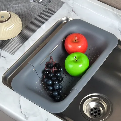 Kitchen Retractable Plastic Drain Basket Vegetable Washing Basin Sink Colander Grey Adjustable Storage Strainer