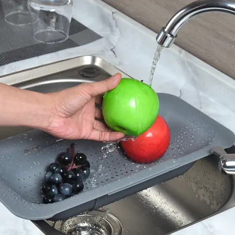 Kitchen Retractable Plastic Drain Basket Vegetable Washing Basin Sink Colander Grey Adjustable Storage Strainer