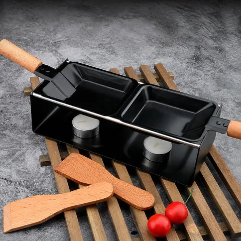 Portable Mini Double Plate Cheese Raclette Grill Set Non-Stick Melting Pan With Wooden Handle And Candles For Kitchen