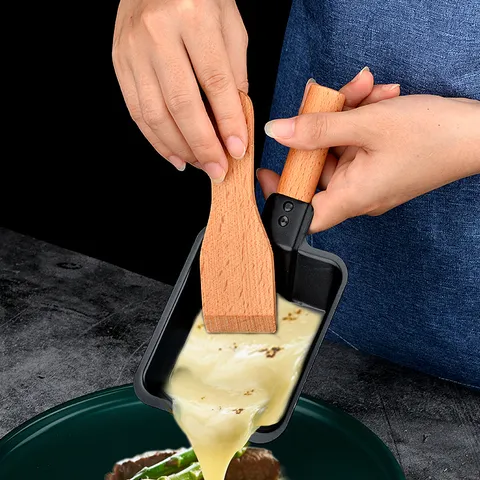 Ensemble de Gril à Raclette à Fromage Double Plaque Mini Portable Poêle Antiadhésive Avec Poignée en Bois et Bougies Pour Cuisine