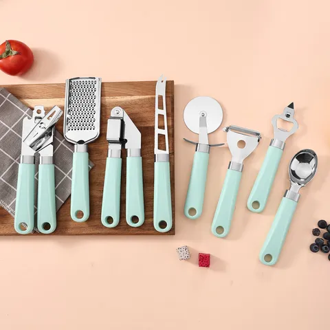 Stainless Steel Kitchen Utensils Mint Green Handle Cooking Tools Garlic Press Can Opener Peeler Pizza Cutter Gadget Set