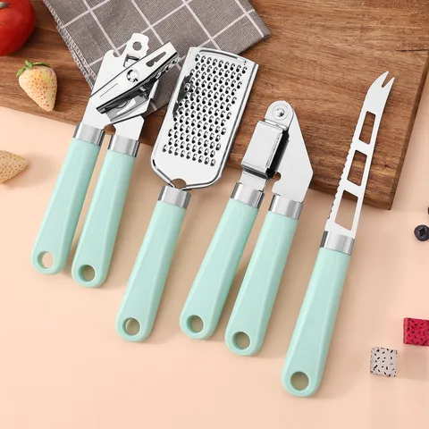 Stainless Steel Kitchen Utensils Mint Green Handle Cooking Tools Garlic Press Can Opener Peeler Pizza Cutter Gadget Set