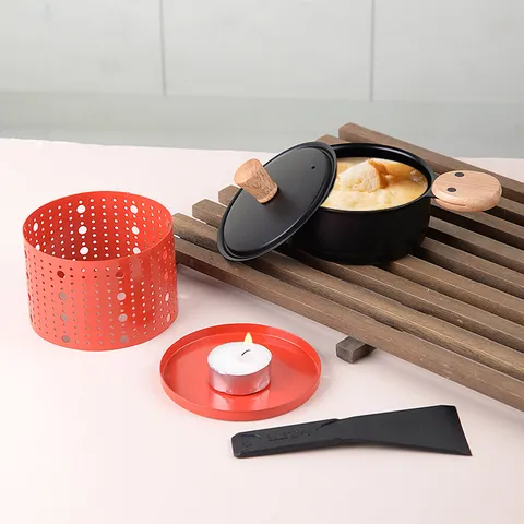 Portable Mini Round Cheese Raclette Grill Wooden Handle BBQ Pan Melting Tray Candle Heated Kitchen Cookware Set