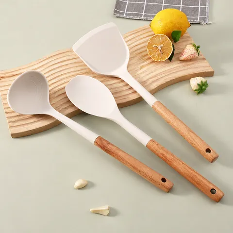 Set di Utensili da Cucina in Silicone Manico in Legno di Faggio Antiaderente Mestolo Pala