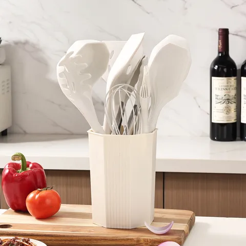 Set di Utensili da Cucina in Silicone con Manico in Legno Resistente al Calore Antiaaderente Utensili da Cottura