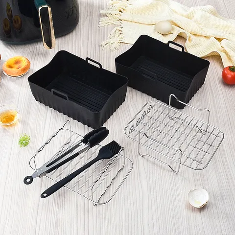 Rectangle Silicone Air Fryer Baking Pan And Stainless Steel Grill Rack Kitchen Cooking Accessories Set