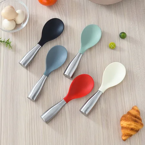 Cucchiaio per Riso in Silicone Manico in Acciaio Inossidabile in Piedi Antiaderente Resistente al Calore per Cucina