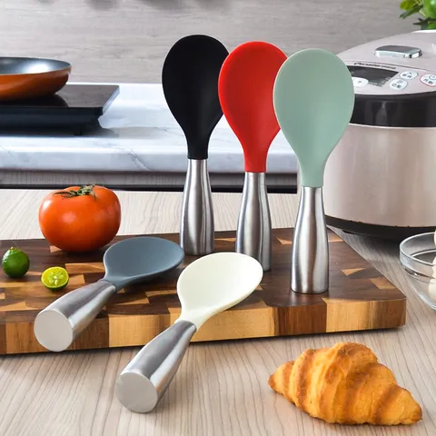 Cucchiaio per Riso in Silicone Manico in Acciaio Inossidabile in Piedi Antiaderente Resistente al Calore per Cucina
