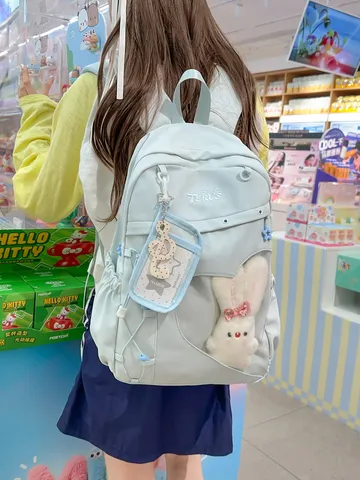 Kawaii Preppy Stil Herz Transparentes Fenster Rucksack Große Kapazität Buchstaben Bestickt Schultasche Für Jugendliche Mit Plüsch Kaninchen Anhänger