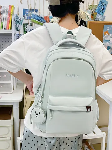 Zaino da Scuola Coreano Semplice in Nylon Color Caramella Grande Capacità per Studenti Medie Zaino per Laptop con Ciondolo Orso