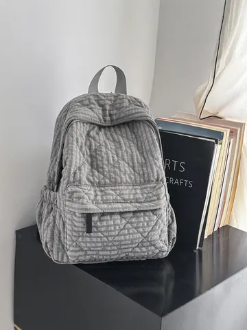 Casual Preppy Campus Plaid Quilted Nylon Backpack Lightweight School Bookbag Shoulder Bag For Women Youth Daily Commuting Travel Bags
