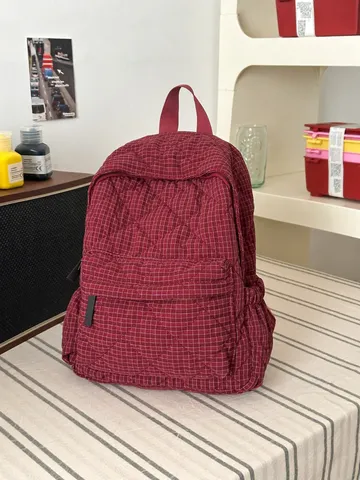 Casual Preppy Campus Plaid Quilted Nylon Backpack Lightweight School Bookbag Shoulder Bag For Women Youth Daily Commuting Travel Bags