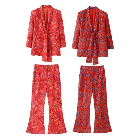 Women's Printed Blazer And Flare Pants Top And Bottom Casual Streetwear Office Suit Floral Abstract Print Long Sleeve Outfit