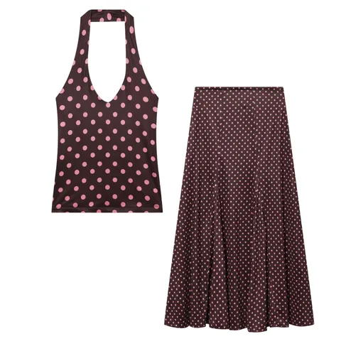 Women Halter Neck Polka Dot Top And Bottom Ruched Sleeveless Vest Top And High Waist Maxi Skirt Set Streetwear Co-ords