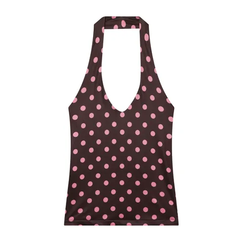 Women Halter Neck Polka Dot Top And Bottom Ruched Sleeveless Vest Top And High Waist Maxi Skirt Set Streetwear Co-ords