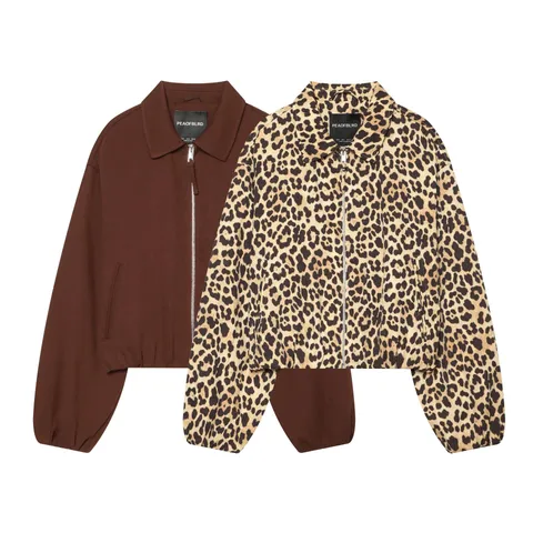 Chaqueta de Poliéster con Solapa Vintage para Mujer Oversized Moda Estampado de Leopardo Cremallera Ropa de Abrigo Dobladillo de Burbuja Casual Color Sólido