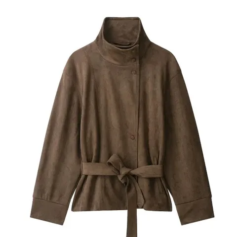 Giacca in Finta Pelle Scamosciata Stile Francese da Donna Collo Alto Cintura da Annodare Manica Lunga Casual Tinta Unita Top