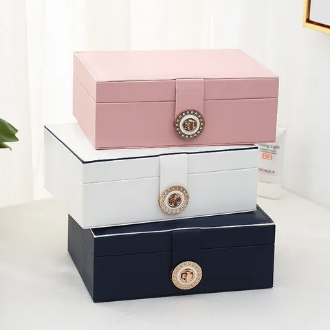 Portagioie di Grande Capacità a Doppio Strato in Pelle PU per Donna Chiusura in Strass Orecchini Anelli Collana Custodia Portatile