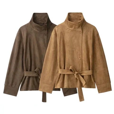 Giacca in Finta Pelle Scamosciata Stile Francese da Donna Collo Alto Cintura da Annodare Manica Lunga Casual Tinta Unita Top
