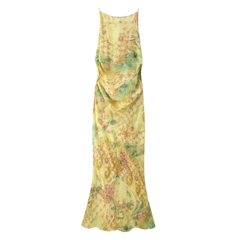 Women Sexy Printed Sleeveless Maxi Dress Slim Fit Backless Bow Tie Front Summer Beach Long Vest Dress Fashion Party Robe