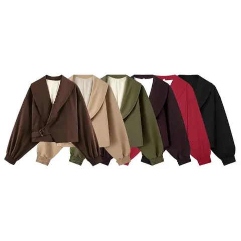 Women Casual Polyester Lapel Long Sleeve Jacket Solid Color Short Crop Top Outerwear With Side Buckle Belt For Commuting