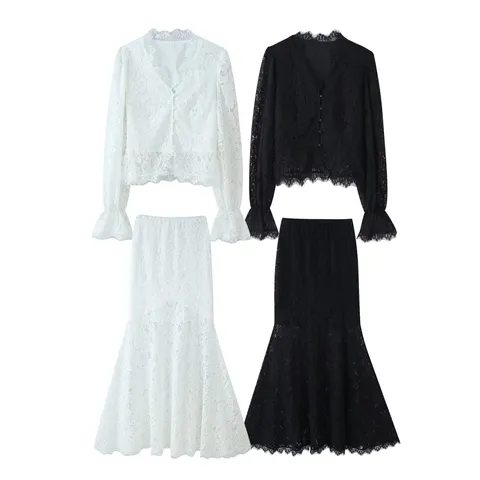 Women Lace Patchwork Top And Bottom Set Long Sleeve V Neck Lace Top High Waist Fishtail Skirt Elegant Street Wear Two Piece Outfit