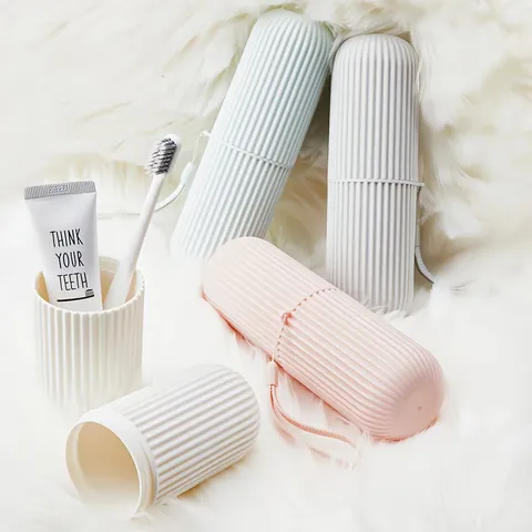 Portable Travel Toothbrush Holder Mouthwash Cup Plastic Vertical Stripe Toothpaste Storage Case Organizer Bathroom Set