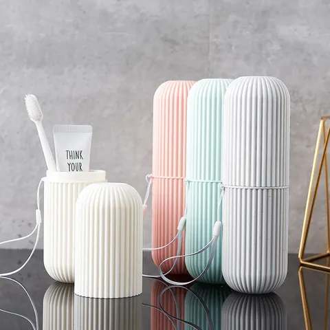 Portable Travel Toothbrush Holder Mouthwash Cup Plastic Vertical Stripe Toothpaste Storage Case Organizer Bathroom Set