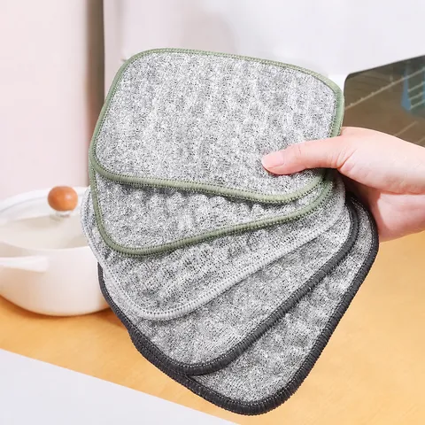 Double Layer Thickened Silver Wire Dishcloth Kitchen Cleaning Cloth Non Stick Oil Absorbent Scrub Rag Dish Washing Towel