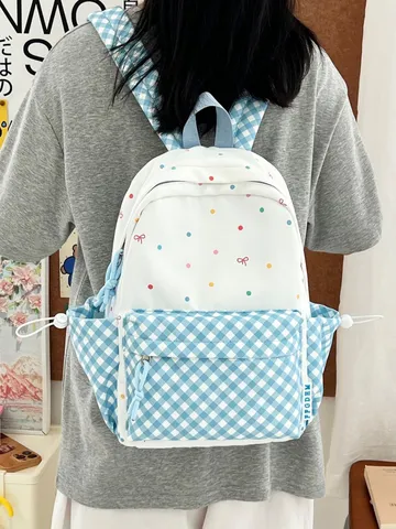 Japanischer Niedlicher Cartoon Polka Dot Karo Farbkontrast Studenten Rucksack Nylon Schulranzen Für Grund Mittelstufe Mädchen Mit Anhänger
