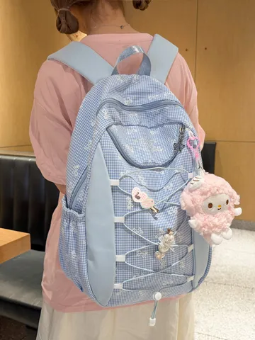 Süßer Karo Schulrucksack Für Mädchen Große Kapazität Kontrastfarben Studenten Schultasche Mit Schleife Für Junior Senior High School