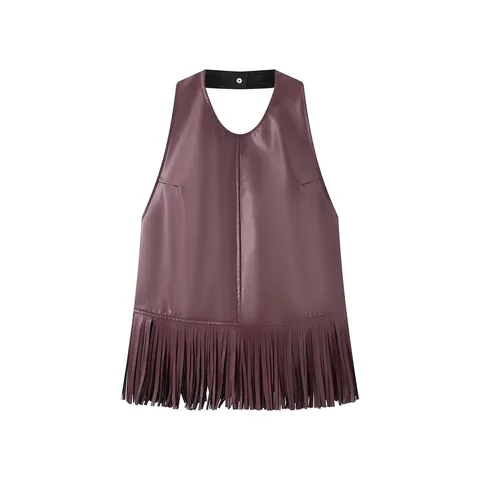 Women Elegant Celebrity Halter Neck Tassel Vest Trendy Solid Color Sleeveless Pullover Regular Fit Polyester Top For Party