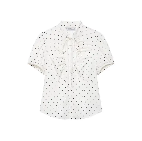 Elegante Top in Popeline da Donna Manica Corta Camicetta con Fiocco Moda Casual Plissé Tinta Unita Pois Camicie Abbigliamento