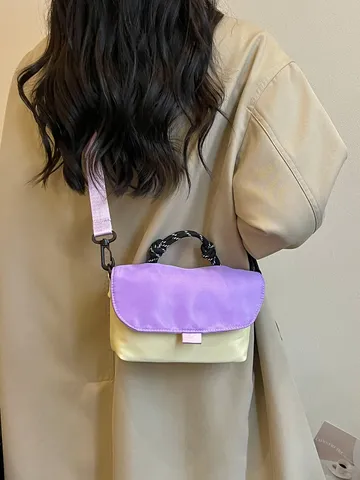 Vintage Color Block Fabric Square Crossbody Bag For Women Casual Versatile Tote Shoulder Handbag With Woven Handle Daily Commute Travel Bag