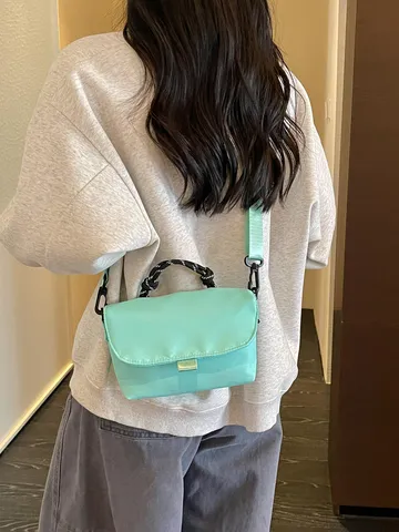 Vintage Color Block Fabric Square Crossbody Bag For Women Casual Versatile Tote Shoulder Handbag With Woven Handle Daily Commute Travel Bag